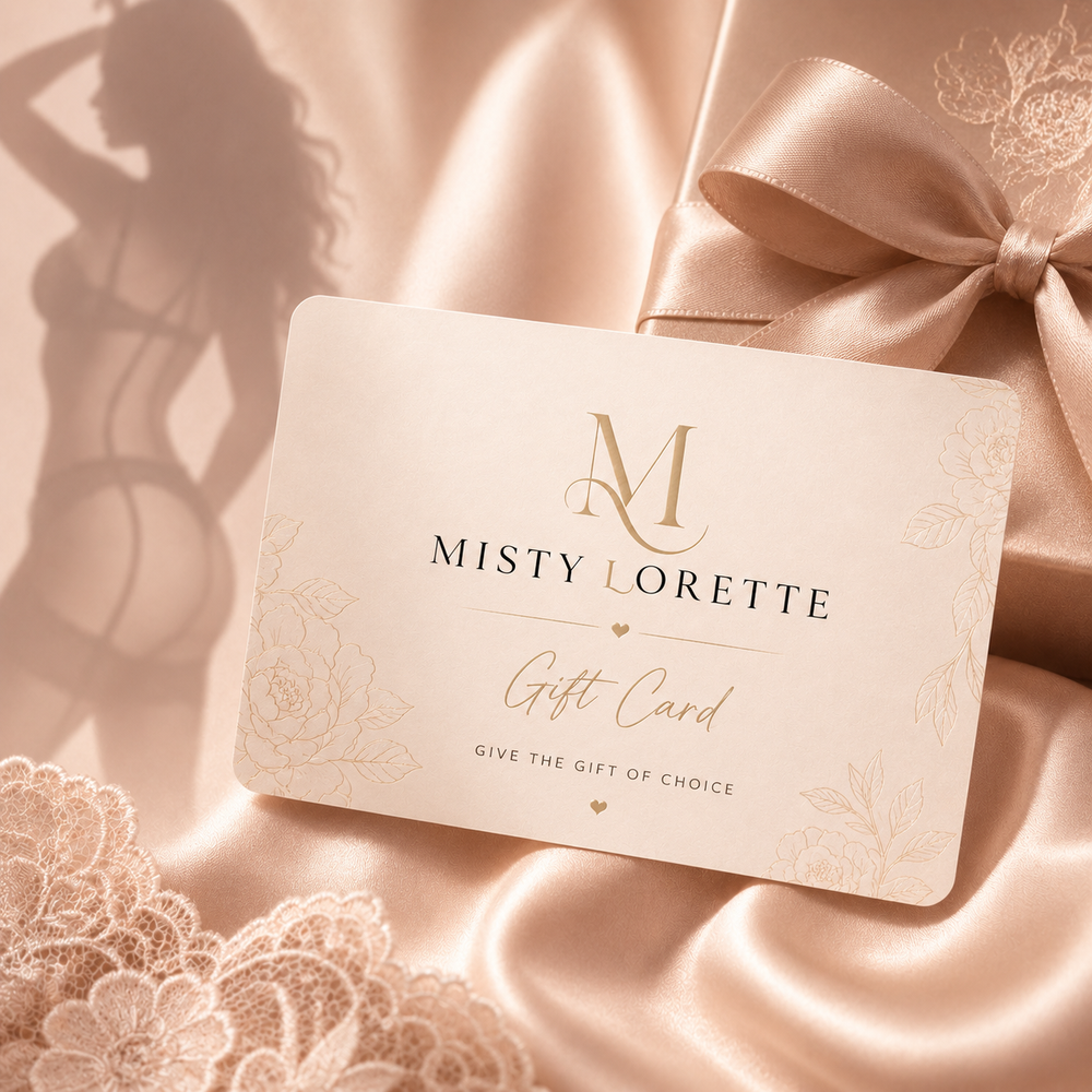 Misty Lorette digital lingerie gift card artwork with the gold brand logo and a feminine lingerie silhouette on a black background.
