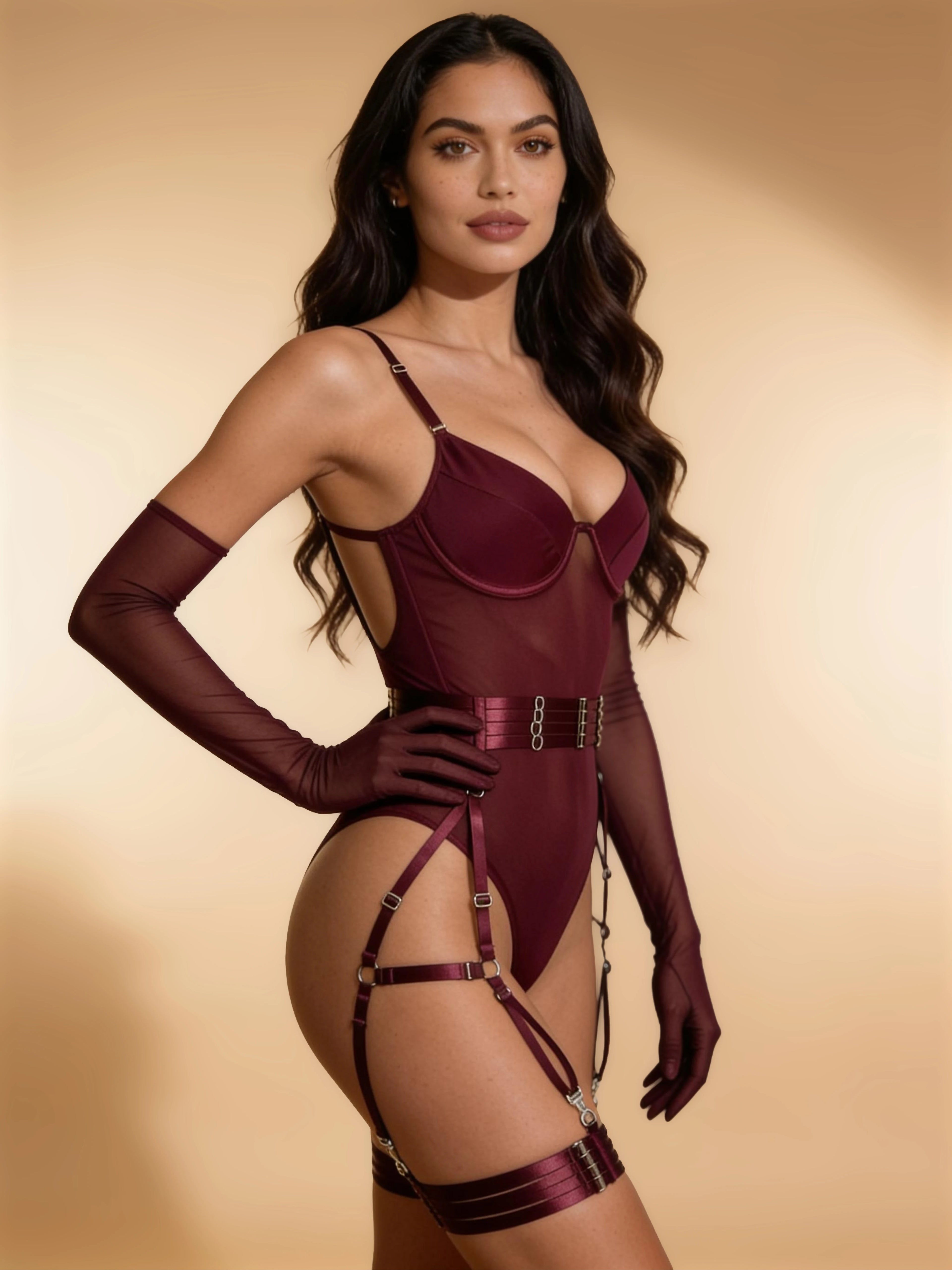Ruby Temptress Sheer Mesh Bodysuit with Gloves