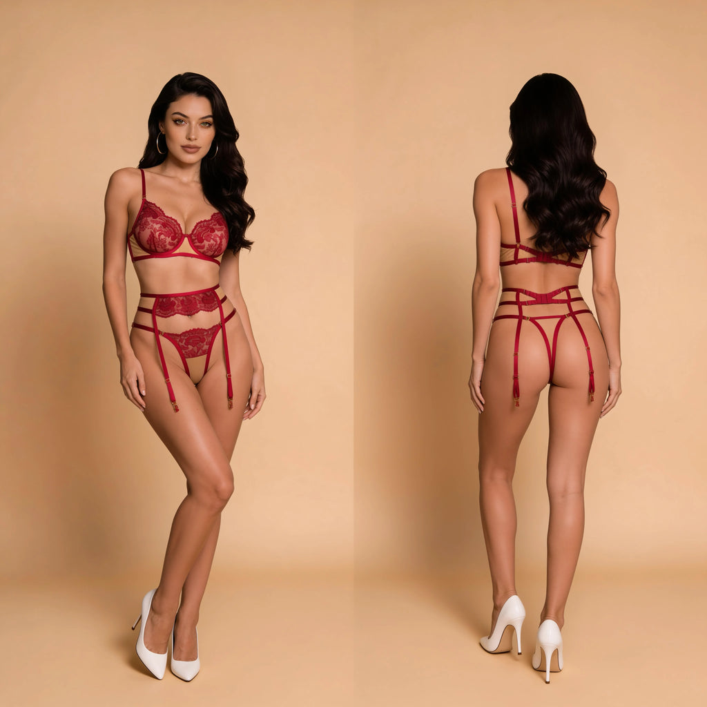 Crimson Siren Rose Lace Strappy Garter Set