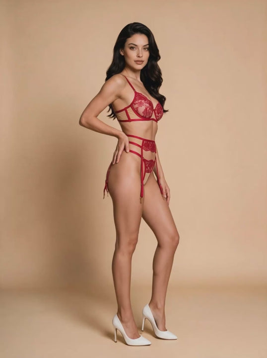 Crimson Siren Rose Lace Strappy Garter Set