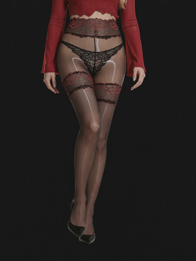 Women waarig the scarlet muse stockings and walking to show the product in dark background.