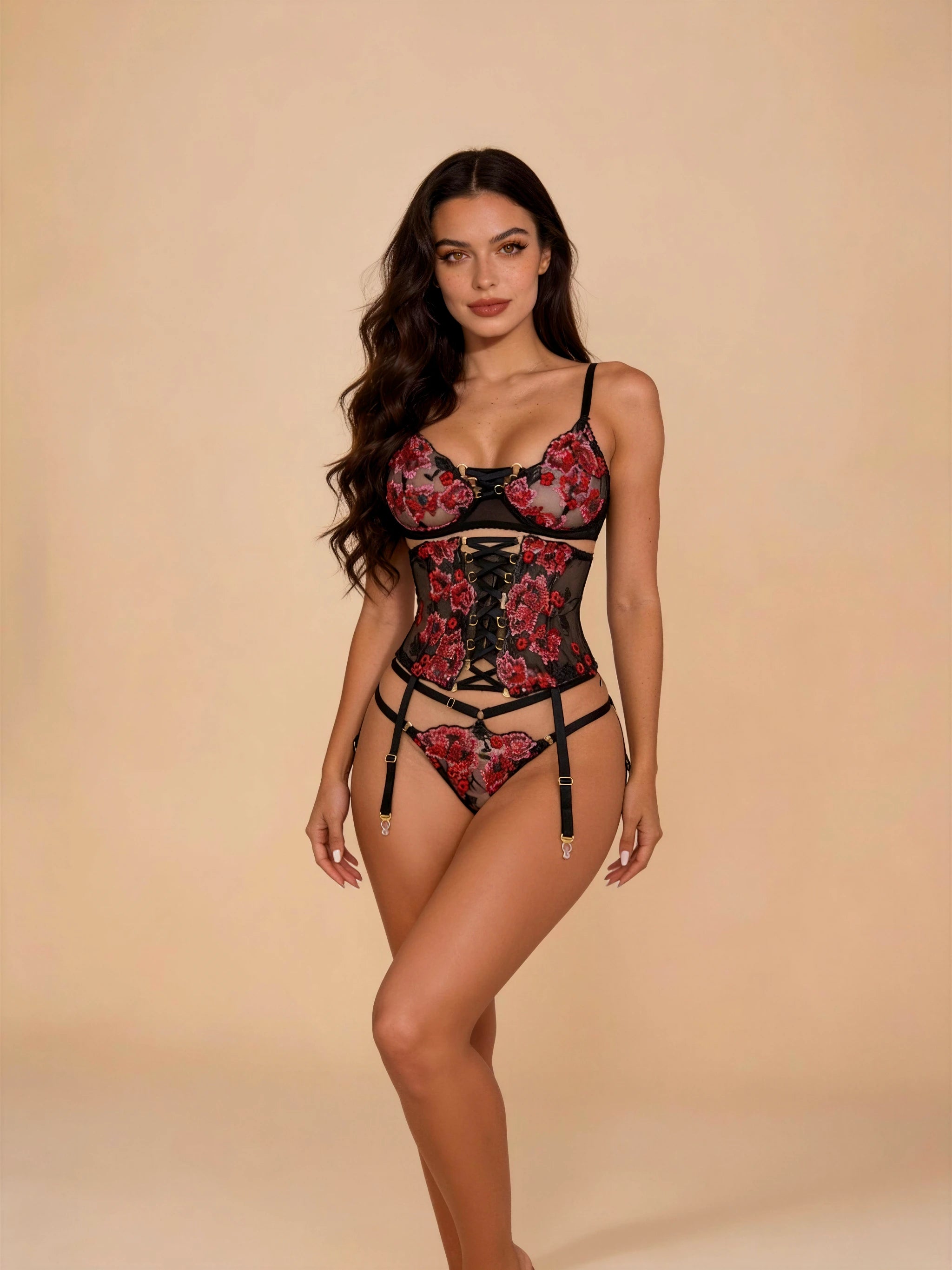 Scarlet Temptress Sequin Floral Corset Garter Set